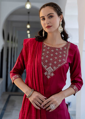 3 Pc Red Readymade Silk Dupatta Suit Set