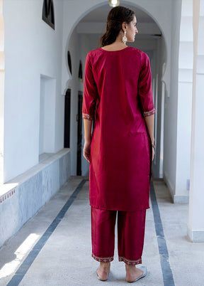 3 Pc Red Readymade Silk Dupatta Suit Set