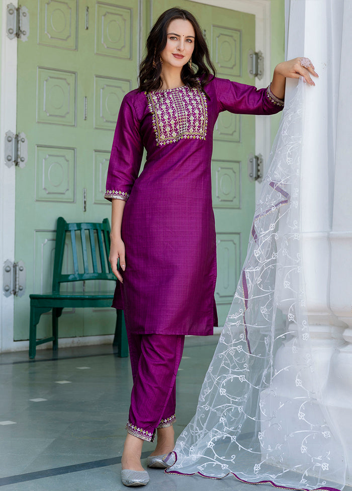 3 Pc Purple Readymade Silk Dupatta Suit Set