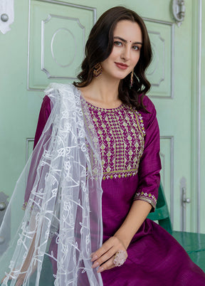 3 Pc Purple Readymade Silk Dupatta Suit Set