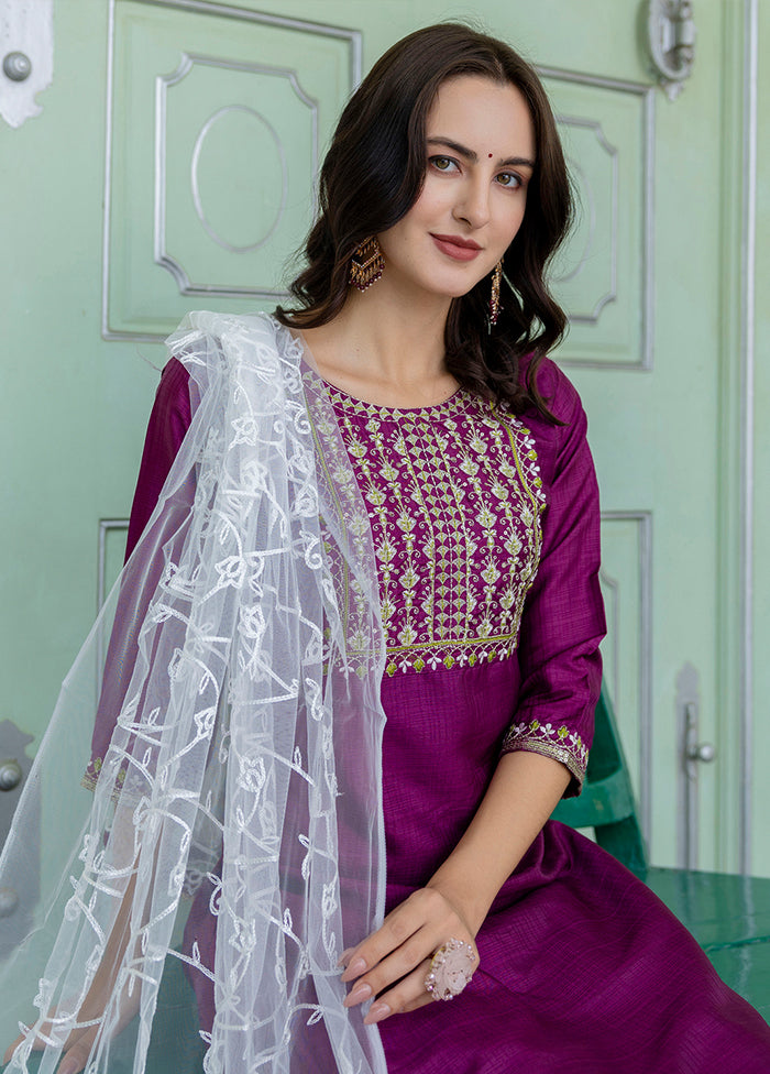 3 Pc Purple Readymade Silk Dupatta Suit Set