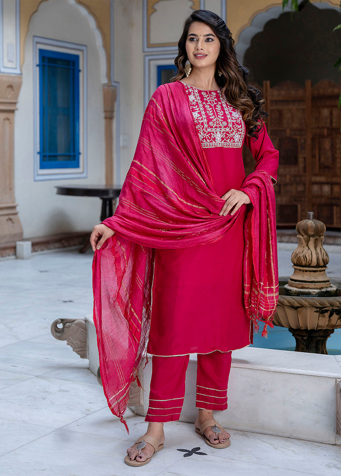 3 Pc Red Readymade Silk Dupatta Suit Set
