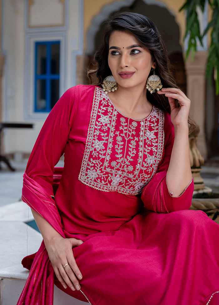 3 Pc Red Readymade Silk Dupatta Suit Set