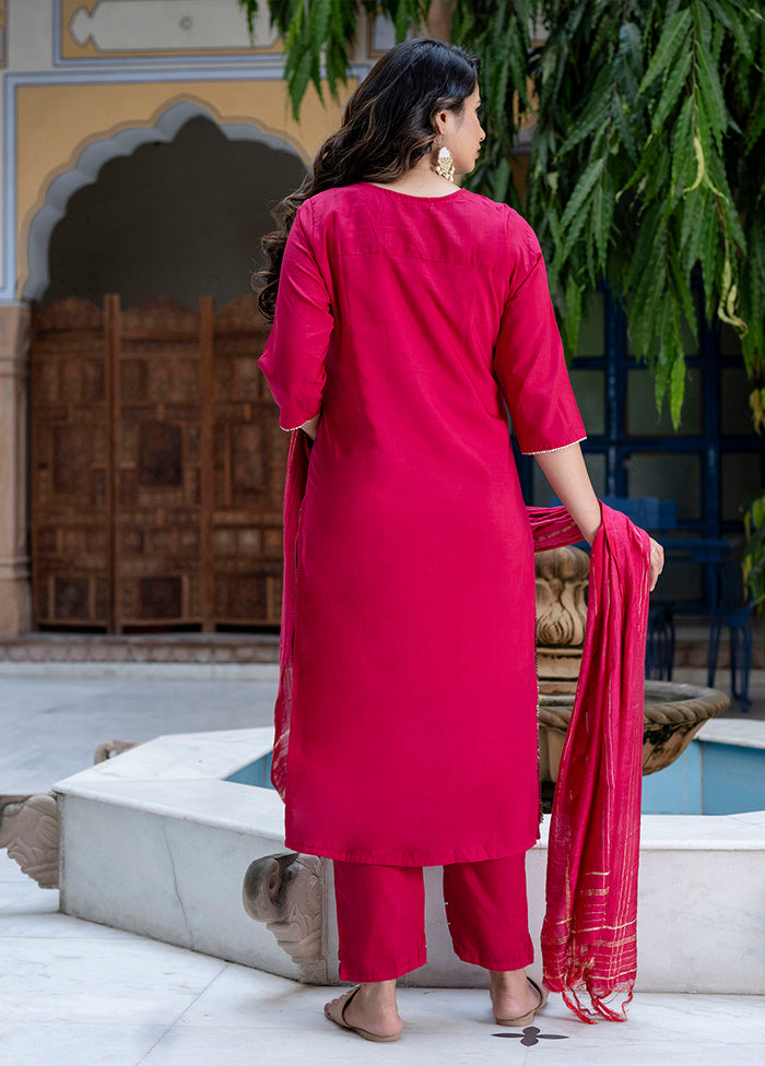 3 Pc Red Readymade Silk Dupatta Suit Set