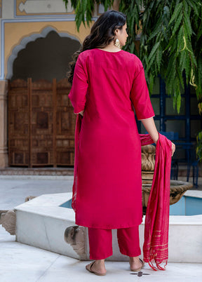 3 Pc Red Readymade Silk Dupatta Suit Set