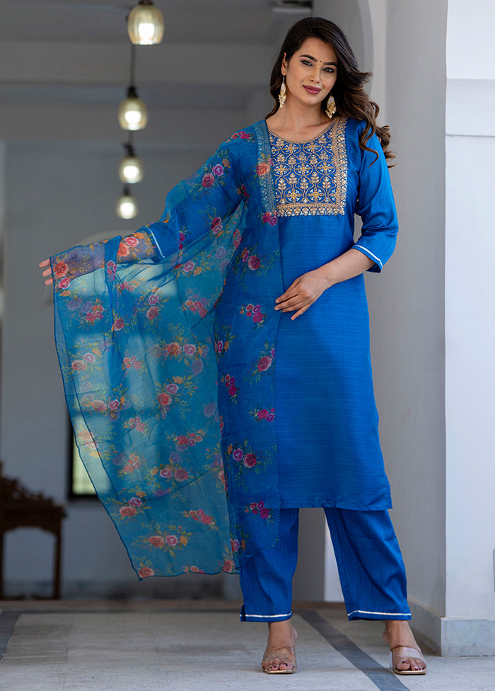 3 Pc Teal Readymade Silk Dupatta Suit Set