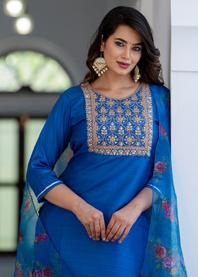 3 Pc Teal Readymade Silk Dupatta Suit Set