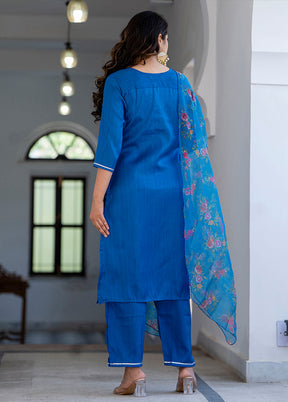 3 Pc Teal Readymade Silk Dupatta Suit Set