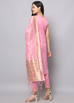 3 Pc Pink Readymade Cotton Dupatta Suit Set