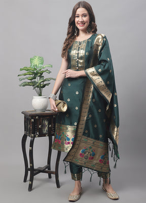 3 Pc Green Readymade Cotton Dupatta Suit Set