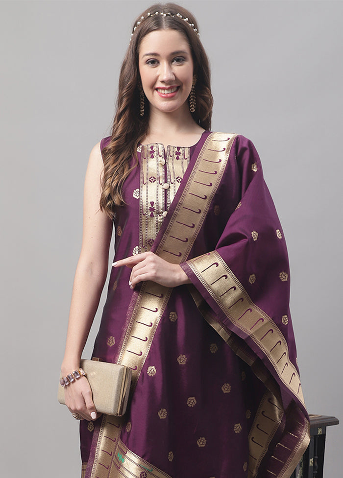 3 Pc Purple Readymade Cotton Dupatta Suit Set