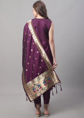 3 Pc Purple Readymade Cotton Dupatta Suit Set