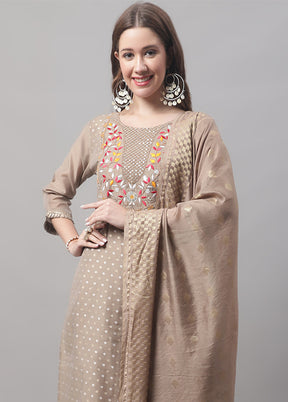 3 Pc Brown Readymade Chanderi Dupatta Suit Set
