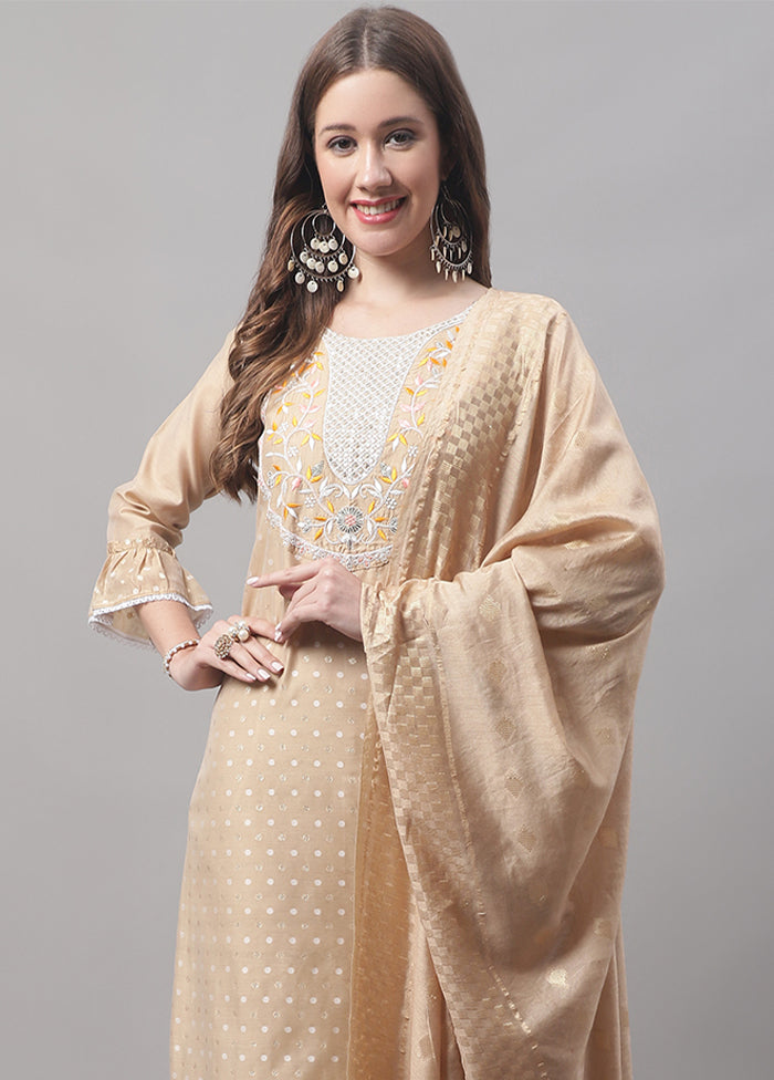 3 Pc Brown Readymade Chanderi Dupatta Suit Set