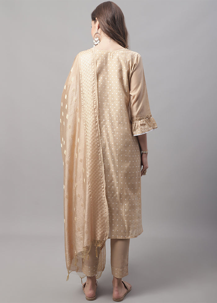 3 Pc Brown Readymade Chanderi Dupatta Suit Set