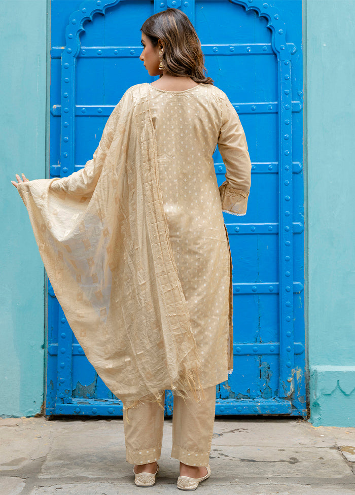 3 Pc Brown Readymade Chanderi Dupatta Suit Set