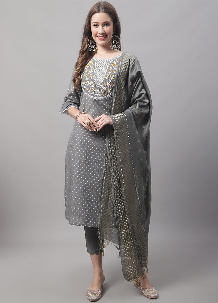 3 Pc Grey Readymade Chanderi Dupatta Suit Set