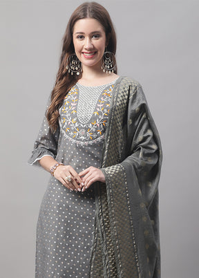 3 Pc Grey Readymade Chanderi Dupatta Suit Set