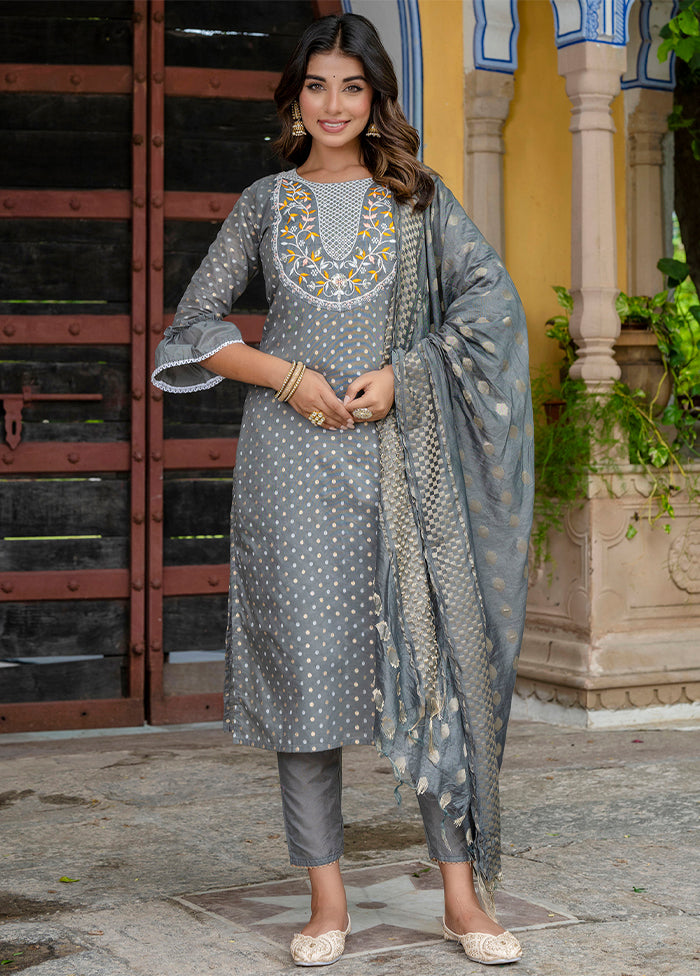 3 Pc Grey Readymade Chanderi Dupatta Suit Set