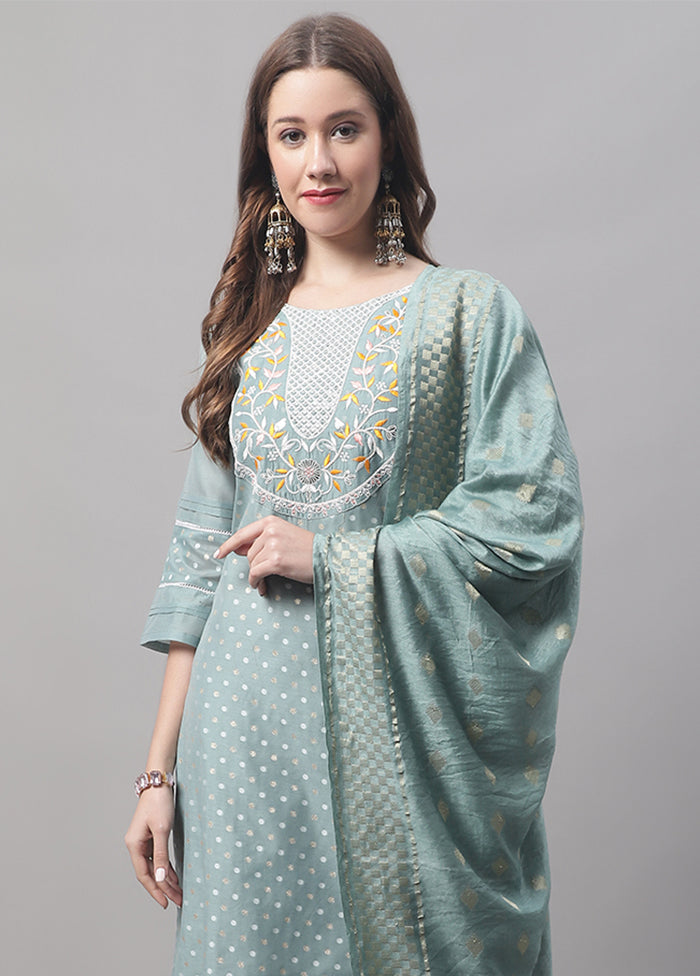 3 Pc Blue Readymade Chanderi Dupatta Suit Set