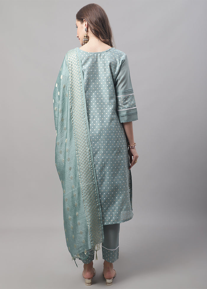 3 Pc Blue Readymade Chanderi Dupatta Suit Set