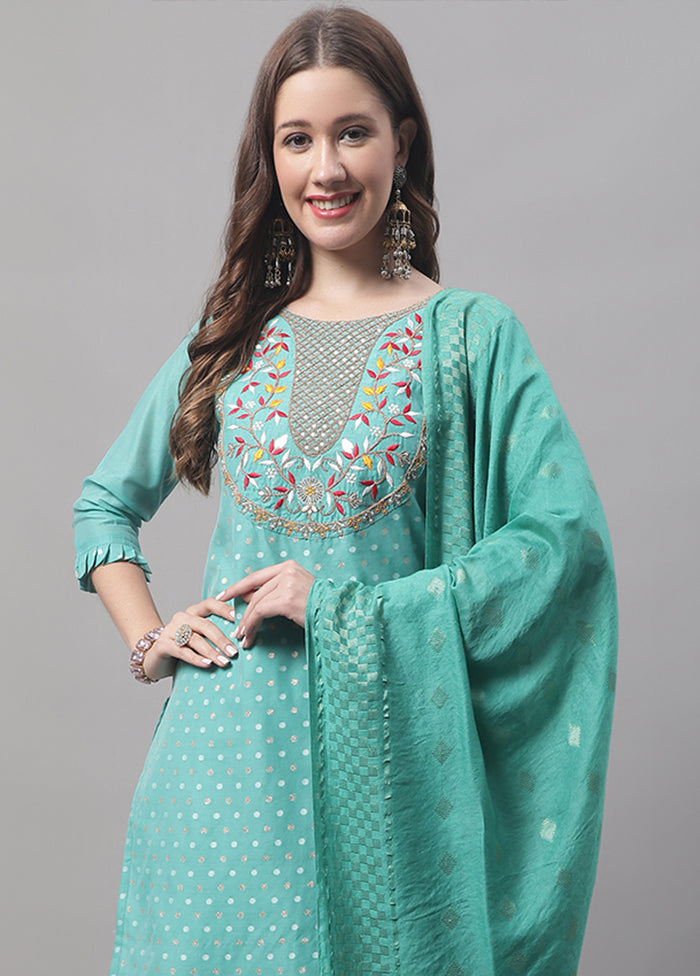 3 Pc Blue Readymade Chanderi Dupatta Suit Set