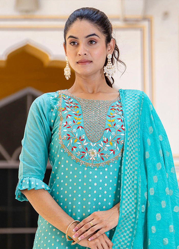 3 Pc Blue Readymade Chanderi Dupatta Suit Set