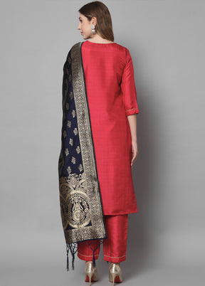 3 Pc Red Readymade Cotton Dupatta Suit Set