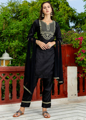 3 Pc Black Readymade Silk Dupatta Suit Set