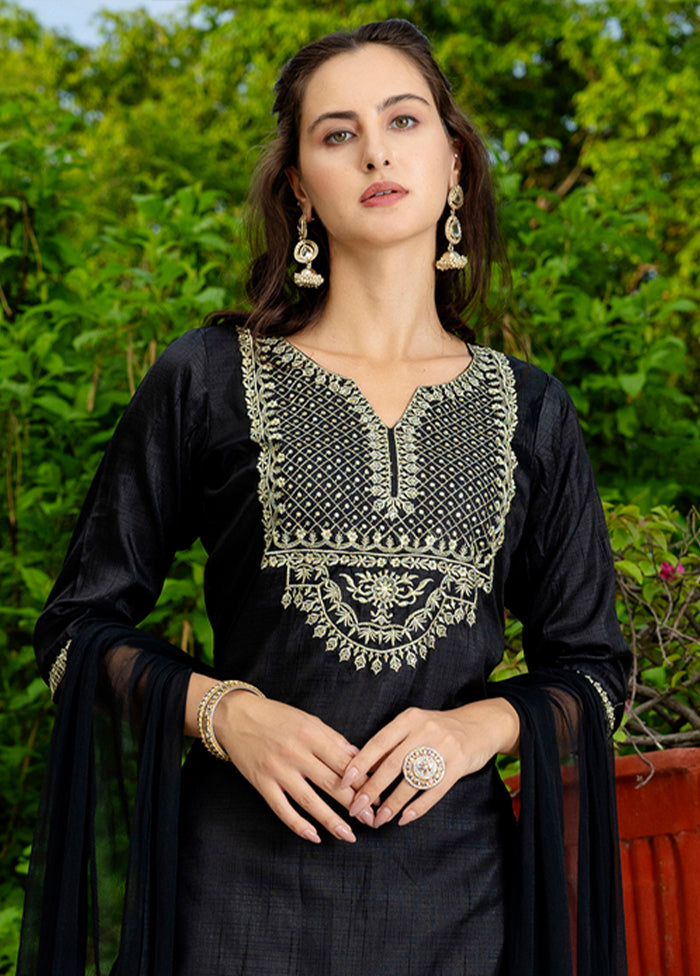 3 Pc Black Readymade Silk Dupatta Suit Set