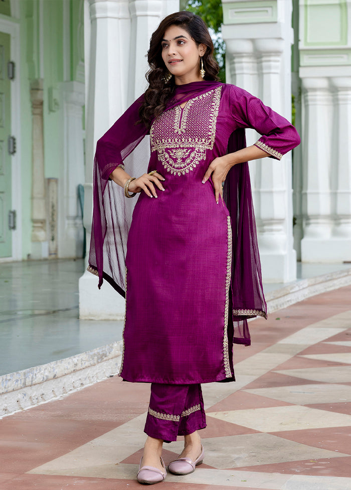 3 Pc Purple Readymade Silk Dupatta Suit Set