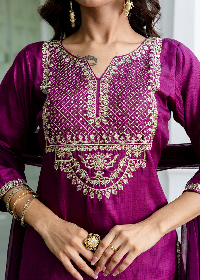 3 Pc Purple Readymade Silk Dupatta Suit Set