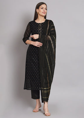 3 Pc Black Readymade Chanderi Dupatta Suit Set