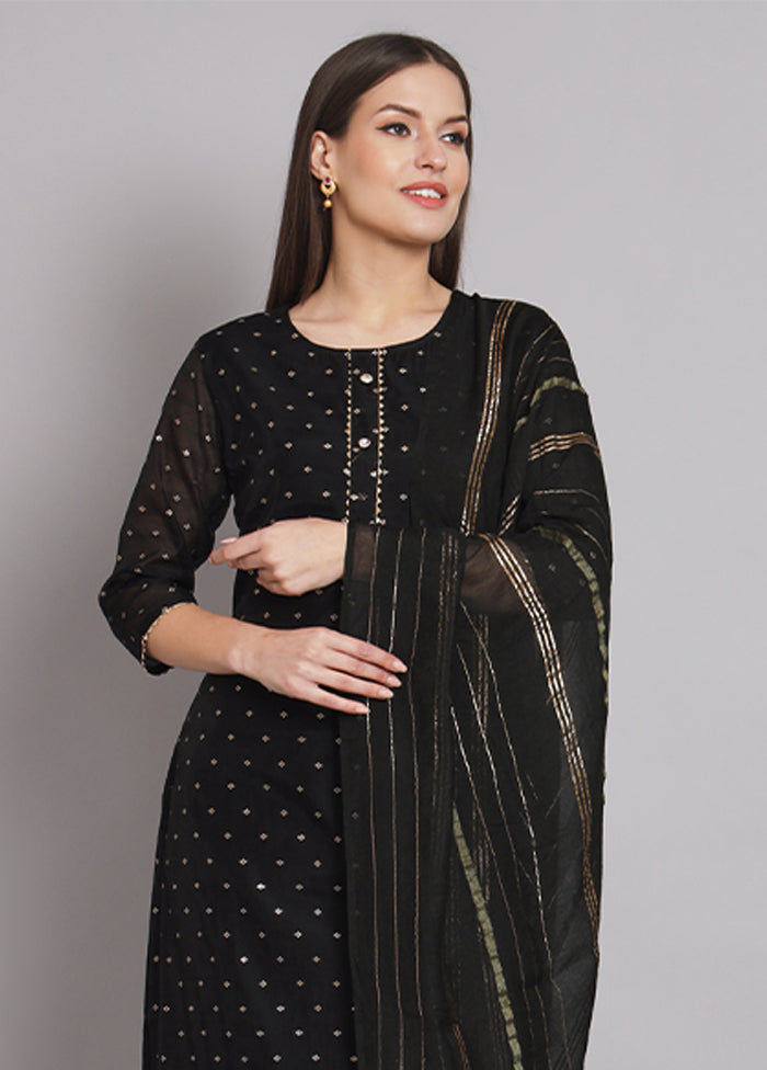 3 Pc Black Readymade Chanderi Dupatta Suit Set