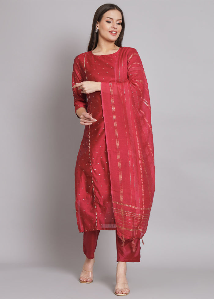 3 Pc Red Readymade Chanderi Dupatta Suit Set