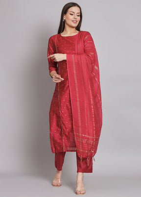 3 Pc Red Readymade Chanderi Dupatta Suit Set
