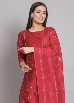 3 Pc Red Readymade Chanderi Dupatta Suit Set