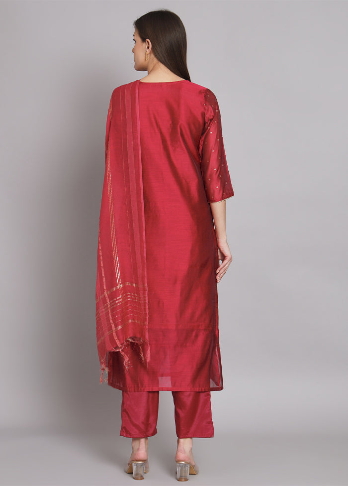 3 Pc Red Readymade Chanderi Dupatta Suit Set