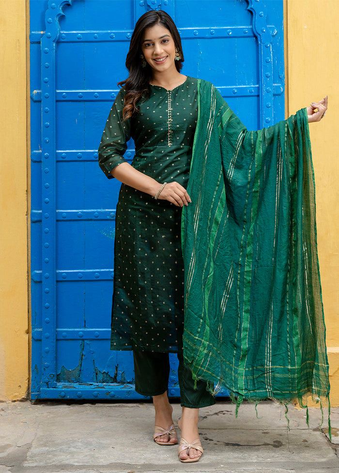 3 Pc Green Readymade Chanderi Dupatta Suit Set