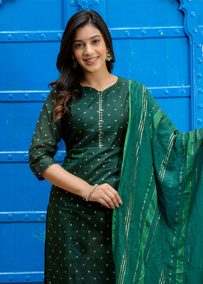3 Pc Green Readymade Chanderi Dupatta Suit Set