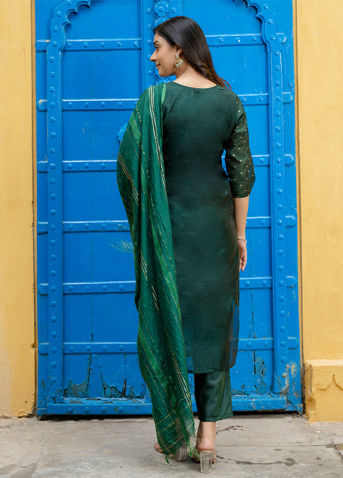 3 Pc Green Readymade Chanderi Dupatta Suit Set