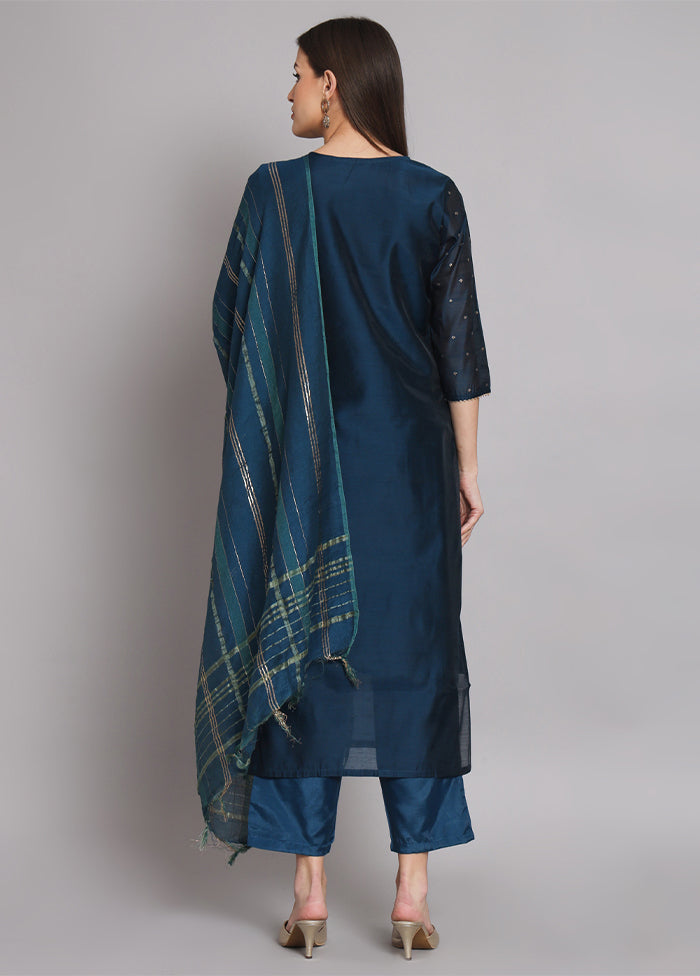 3 Pc Blue Readymade Chanderi Dupatta Suit Set