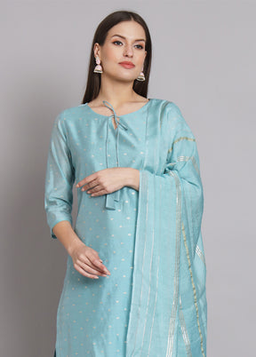 3 Pc Blue Readymade Chanderi Dupatta Suit Set