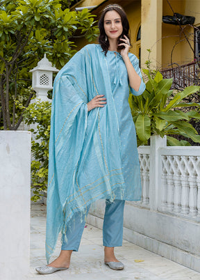 3 Pc Blue Readymade Chanderi Dupatta Suit Set