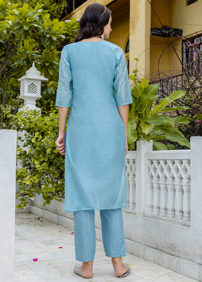 3 Pc Blue Readymade Chanderi Dupatta Suit Set