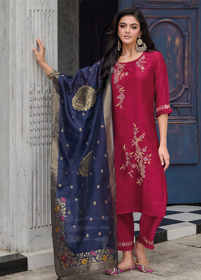 3 Pc Red Readymade Viscose Dupatta Suit Set