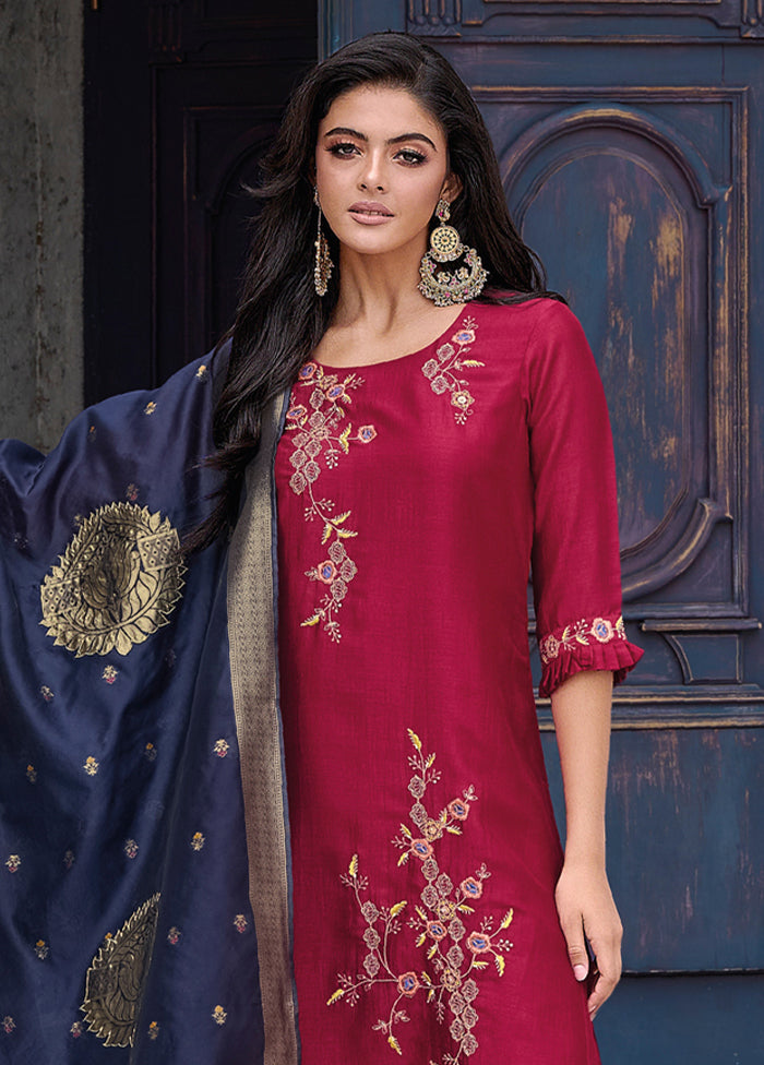 3 Pc Red Readymade Viscose Dupatta Suit Set