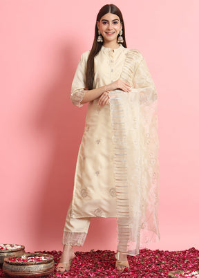 3 Pc Beige Readymade Silk Dupatta Suit Set