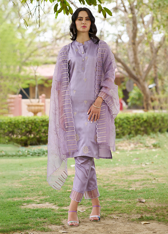 3 Pc Lavender Readymade Silk Dupatta Suit Set
