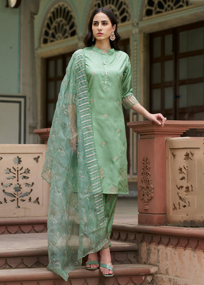 3 Pc Pista Green Readymade Silk Dupatta Suit Set